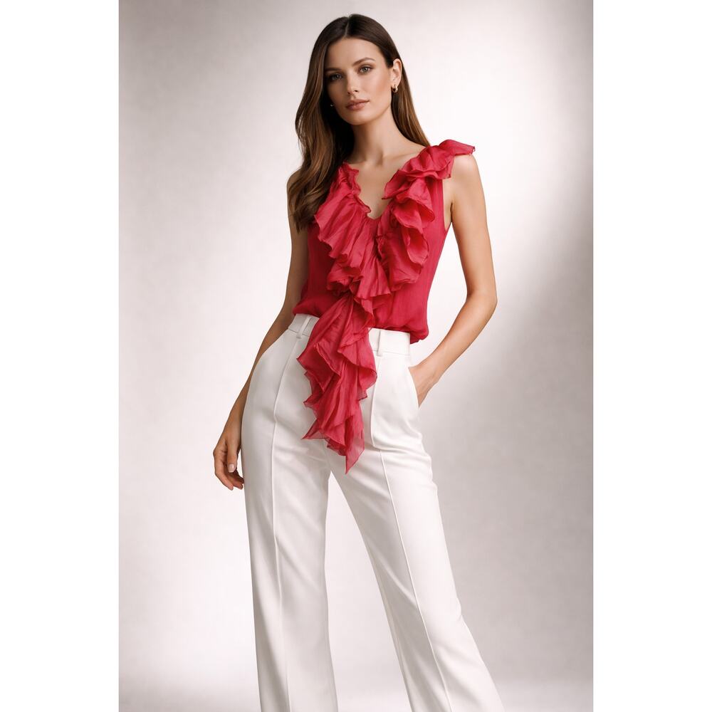 Roberto Cavalli Ruffle Silk Blend Sleeveless Statement Top Womens Pink Small